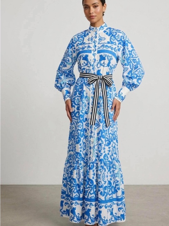 Dresses & Skirts - Blue and White Printed Maxi Shirt Dress with Striped Tie Belt